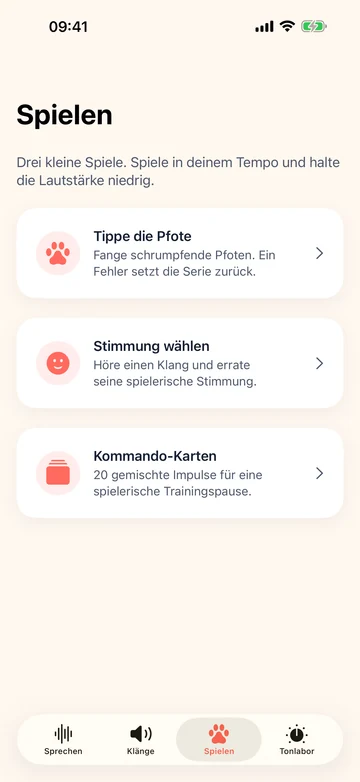 Human to Dog Translator: Play-Spielansicht mit Pfotentippen, Stimmungsspiel und Kommando-Karten