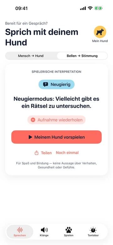 Spielerische Bell-Deutung mit vorgeschlagener Stimmung in Human to Dog Translator: Play
