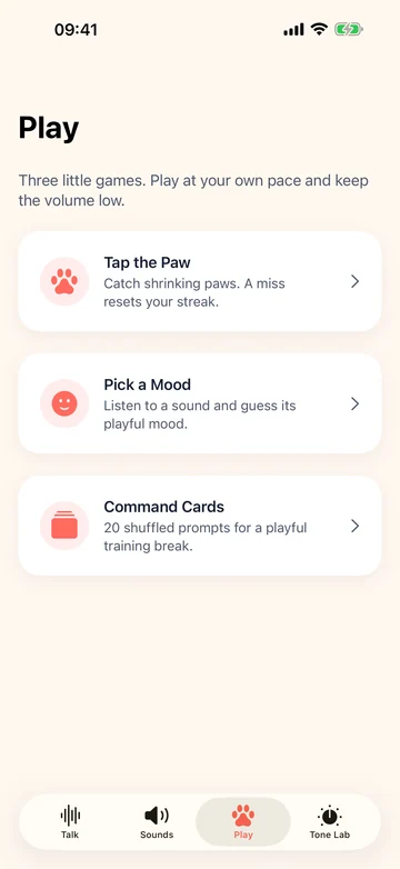 Human to Dog Translator: Play play screen with paw tapping, a mood game and command cards