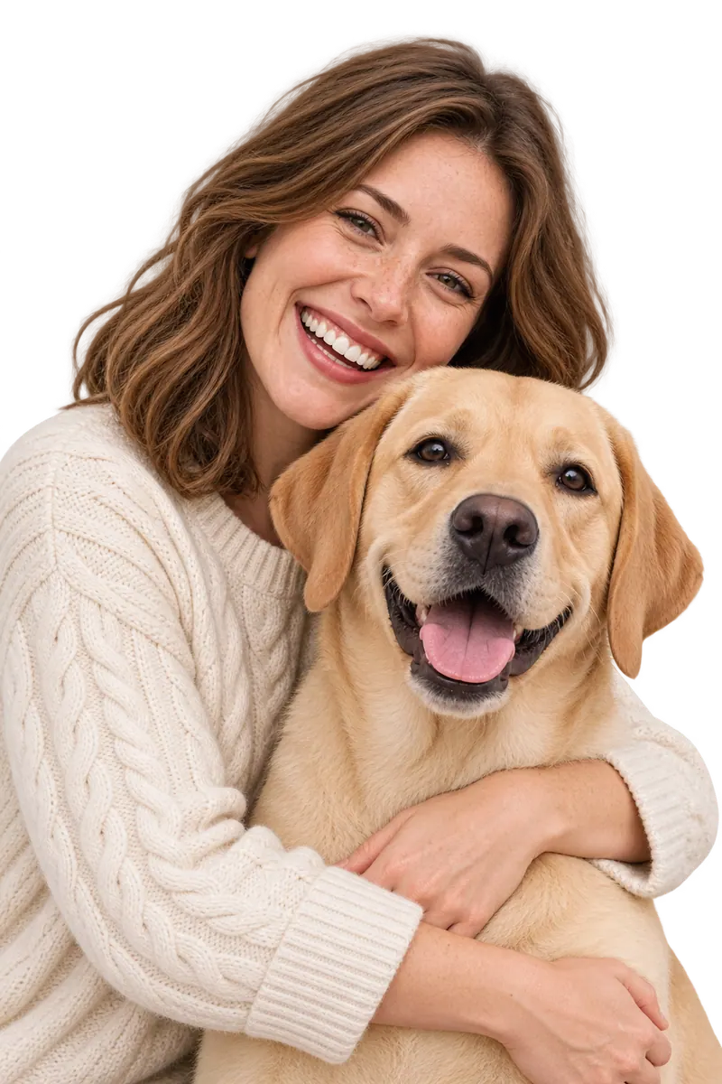 A woman hugging a golden Labrador during a relaxed moment together