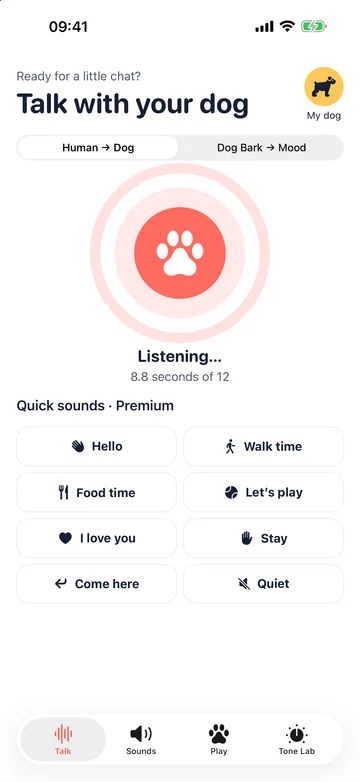 Human to Dog recording screen in the Human to Dog Translator: Play iPhone app