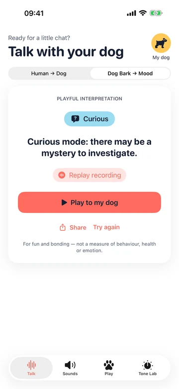 Human to Dog Translator: Play bark interpretation screen showing a playful suggested mood