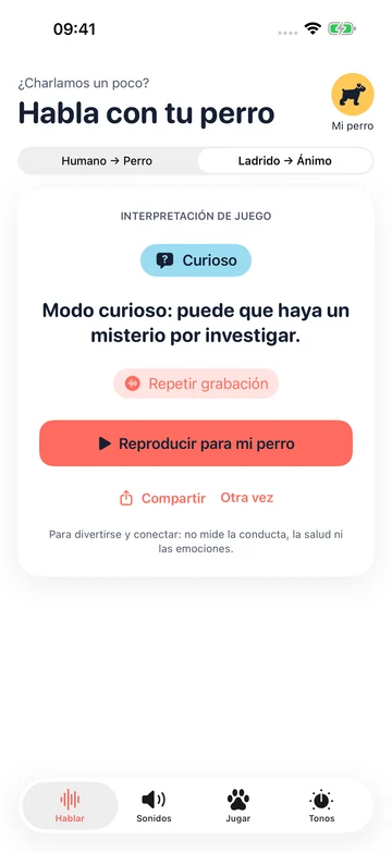 Interpretación lúdica de un ladrido con un ánimo sugerido en Human to Dog Translator: Play