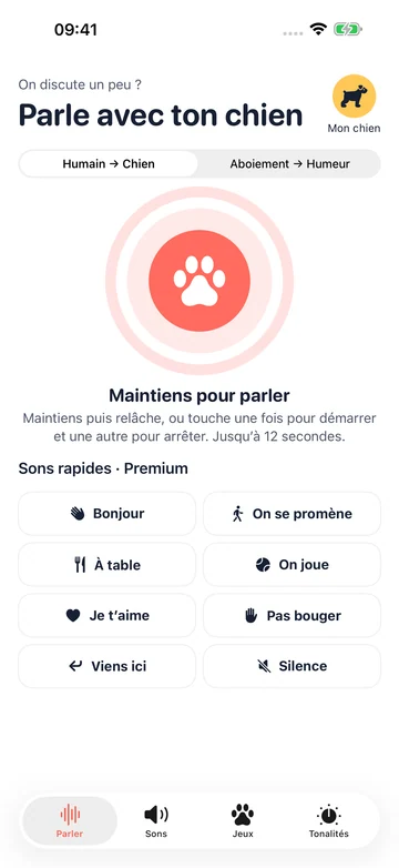 Écran d’enregistrement Humain vers Chien dans Human to Dog Translator: Play sur iPhone