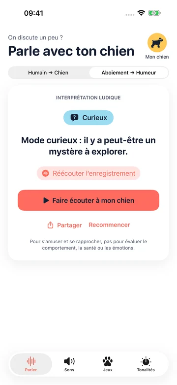 Interprétation ludique d’un aboiement et humeur suggérée dans Human to Dog Translator: Play