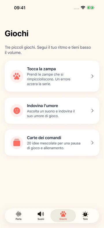 Schermata dei giochi Human to Dog Translator: Play con zampe, umori e carte dei comandi