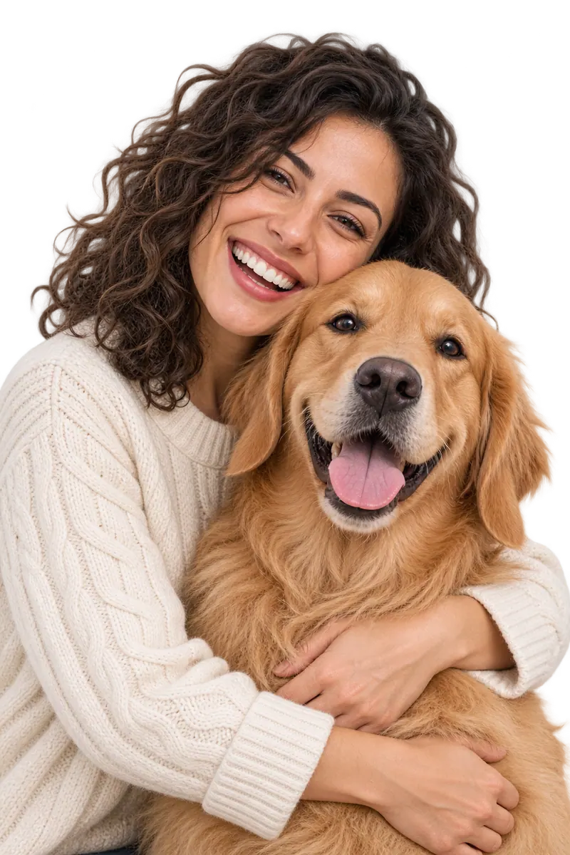 Una donna abbraccia un golden retriever in un momento tranquillo
