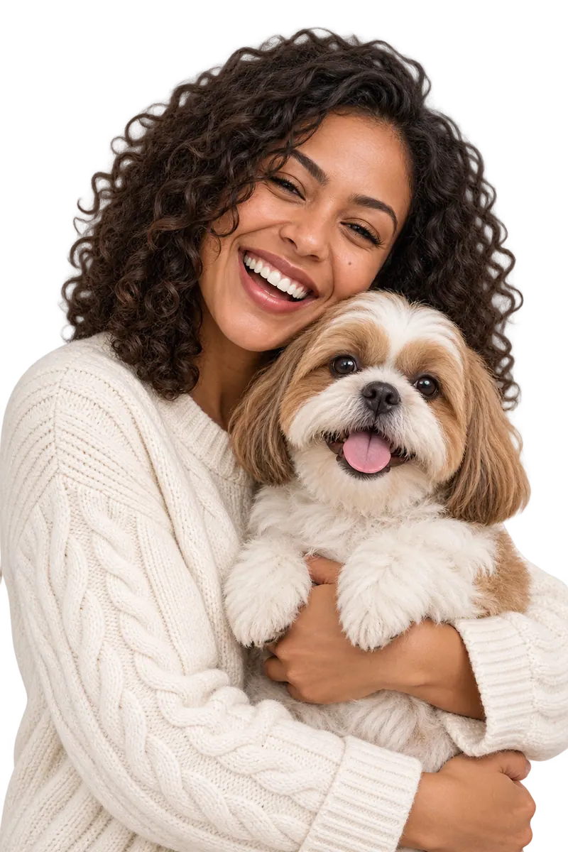 Uma mulher abraçando um shih-tzu em um momento tranquilo