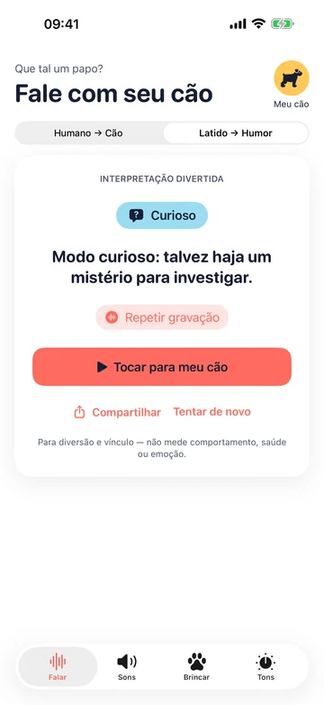 Tela de interpretação de latidos com um humor sugerido no Human to Dog Translator: Play